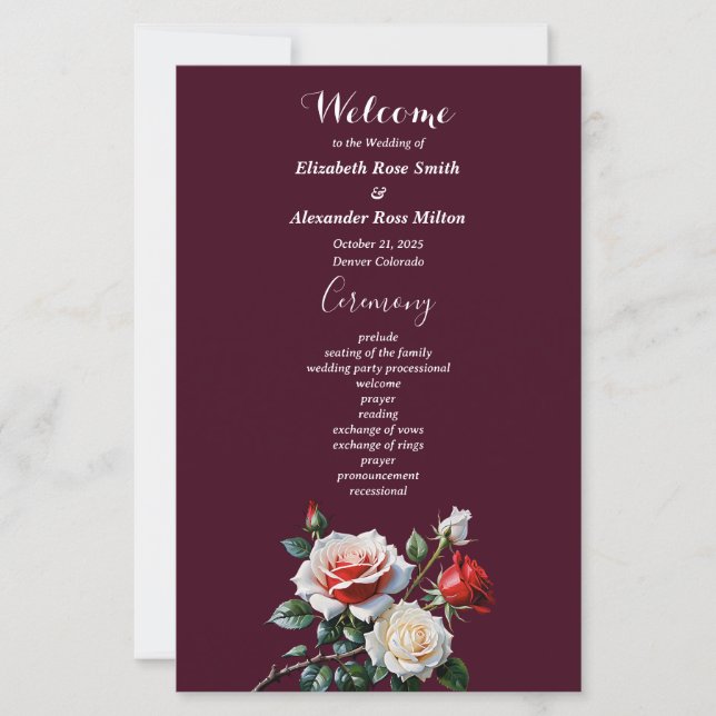 Dark Pretty pink white red roses wedding program (Front)