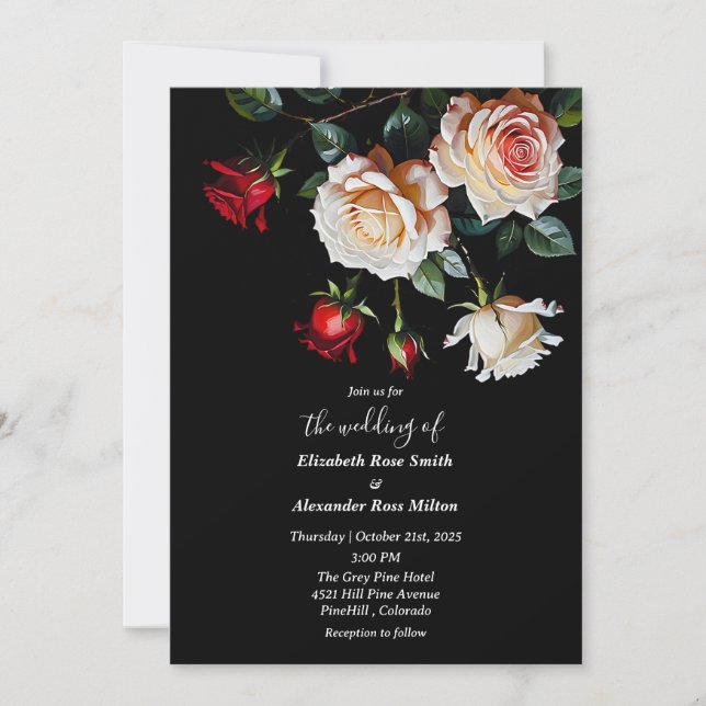 Dark Pretty Red pink white roses floral wedding Invitation (Front)