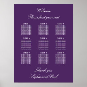 Dark Purple 9 Table Wedding Seating Chart Poster