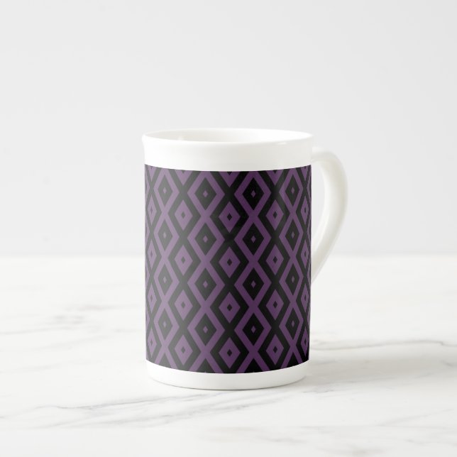Dark purple and black diamond pattern bone china mug (Front Right)