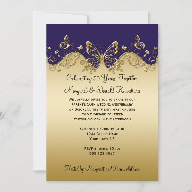 Dark Purple and Gold Butterflies 50th Anniversary Invitation (Front)