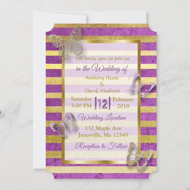 Dark Purple and Gold Butterfly Wedding Invitations (Front)
