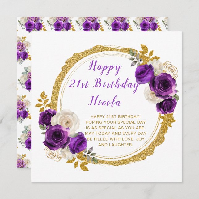 Dark Purple and Gold Elegant Flower Birthday Party Card (Front/Back)