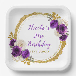 Dark Purple and Gold Elegant Flower Birthday Party Paper Plate