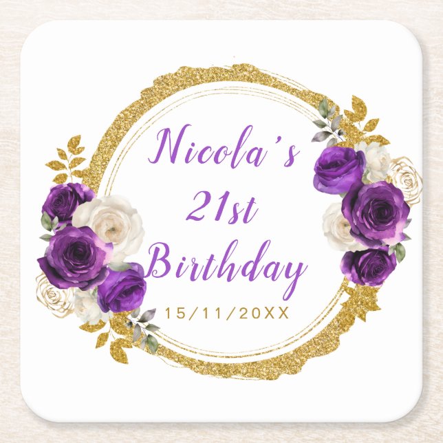 Dark Purple and Gold Elegant Flower Birthday Party Square Paper Coaster (Front)