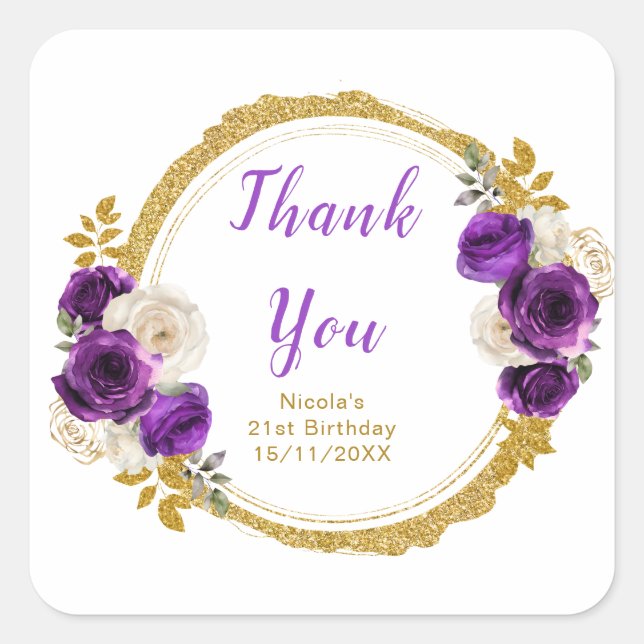 Dark Purple and Gold Elegant Flower Birthday Party Square Sticker (Front)