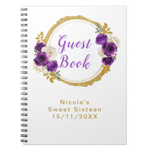 Dark Purple and Gold Elegant Flower Sweet Sixteen Notebook