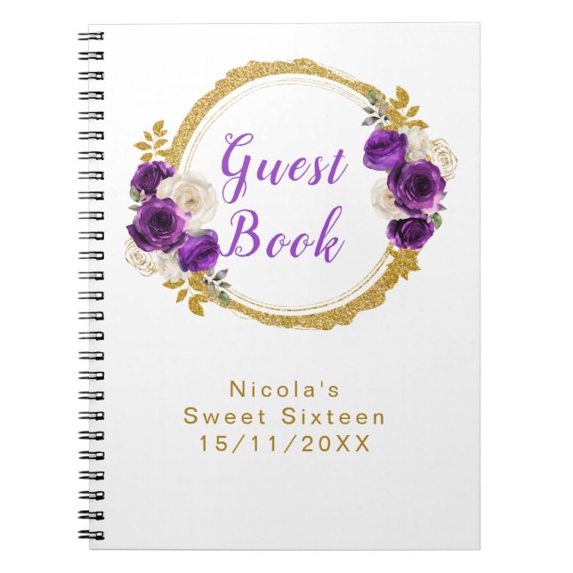 Dark Purple and Gold Elegant Flower Sweet Sixteen Notebook (Front)