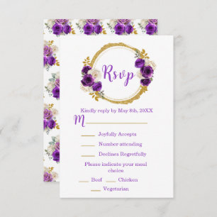 Dark Purple and Gold Elegant Flower Sweet Sixteen RSVP Card