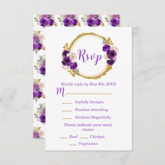 Dark Purple and Gold Elegant Flower Sweet Sixteen RSVP Card (Front/Back)