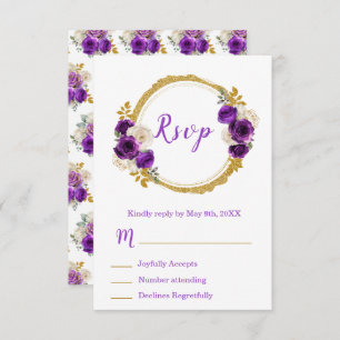 Dark Purple and Gold Elegant Flower Sweet Sixteen RSVP Card