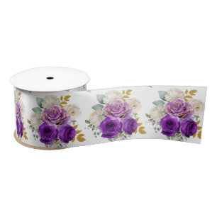 Dark Purple and Gold Elegant Flowers  Satin Ribbon