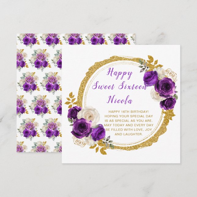 Dark Purple and Gold Elegant Flowers Sweet Sixteen Card (Front/Back)