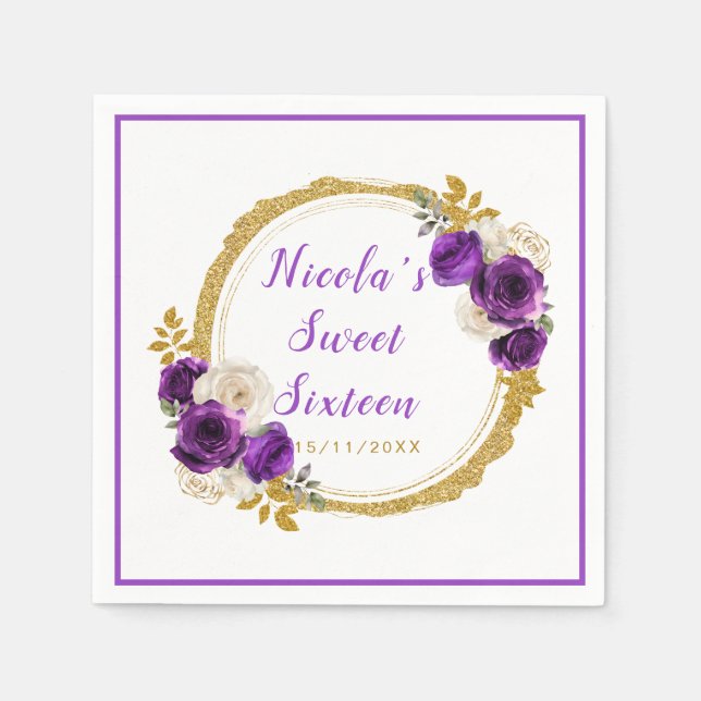 Dark Purple and Gold Elegant Flowers Sweet Sixteen Napkin (Front)