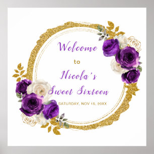 Dark Purple and Gold Elegant Flowers Sweet Sixteen Poster