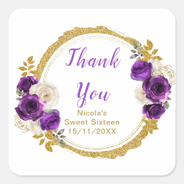 Dark Purple and Gold Elegant Flowers Sweet Sixteen Square Sticker (Front)