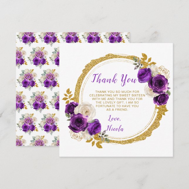 Dark Purple and Gold Elegant Flowers Sweet Sixteen Thank You Card (Front/Back)