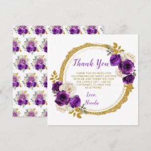 Dark Purple and Gold Elegant Flowers Sweet Sixteen Thank You Card