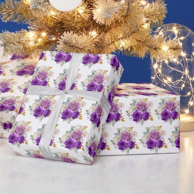 Dark Purple and Gold Elegant Flowers  Wrapping Paper (Holidays)