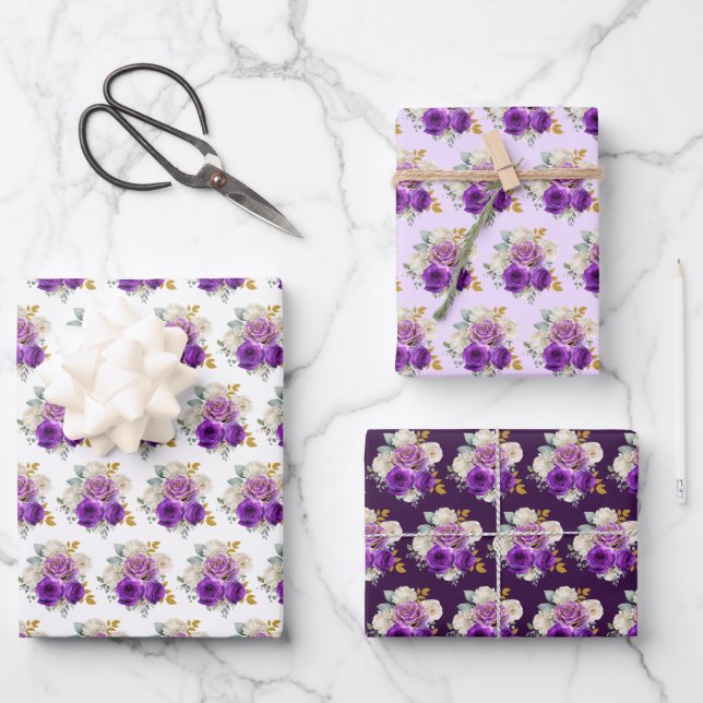 Dark Purple and Gold Elegant Flowers  Wrapping Paper Sheet (Front)