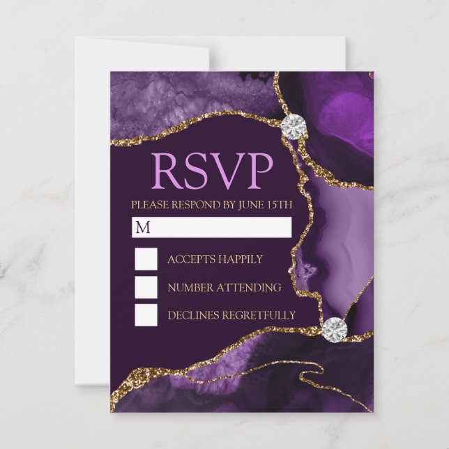Dark Purple and Gold Glitter Agate Sweet Sixteen RSVP Card (Front)