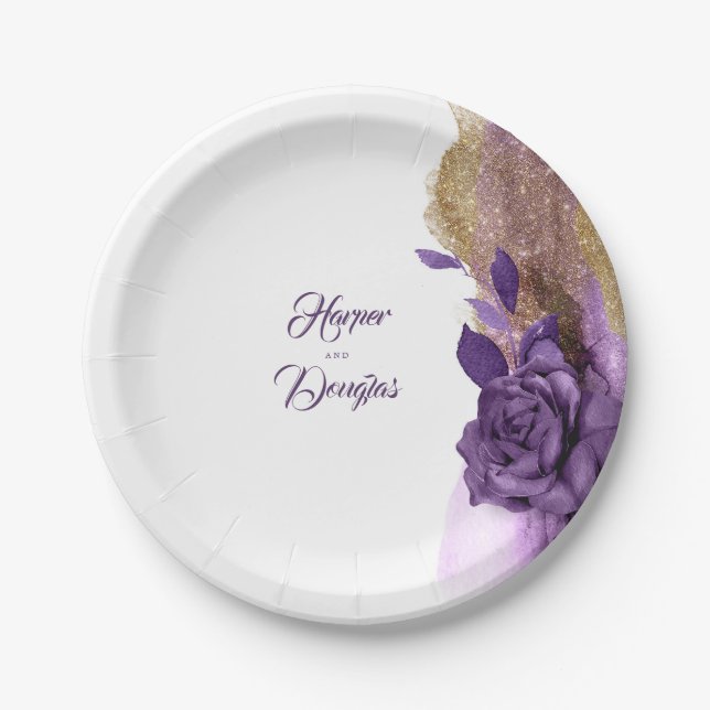 Dark Purple and Gold Glitter Floral Modern Paper Plate (Front)