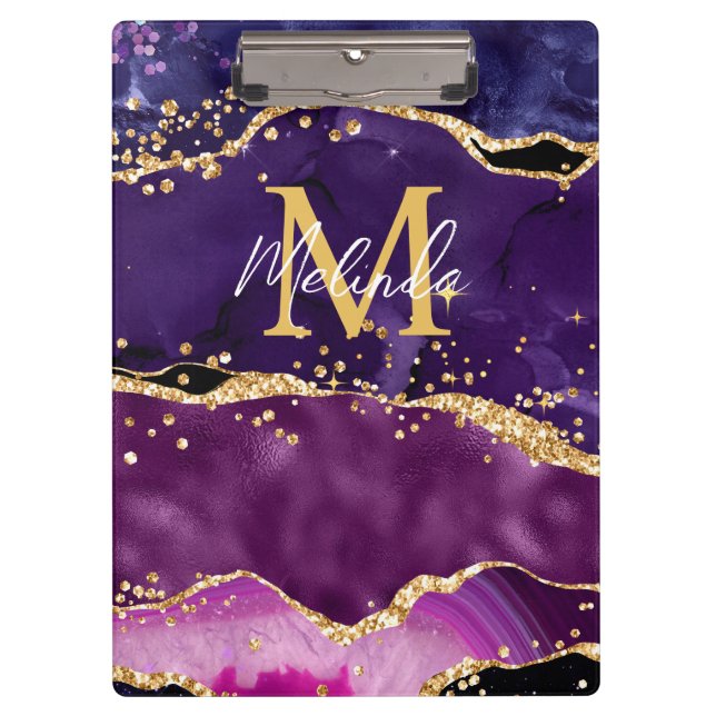 Dark Purple and Gold Glitter Sequins Agate Clipboard (Front)