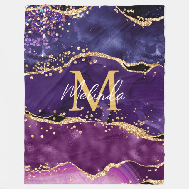 Dark Purple and Gold Glitter Sequins Agate Fleece Blanket (Front)