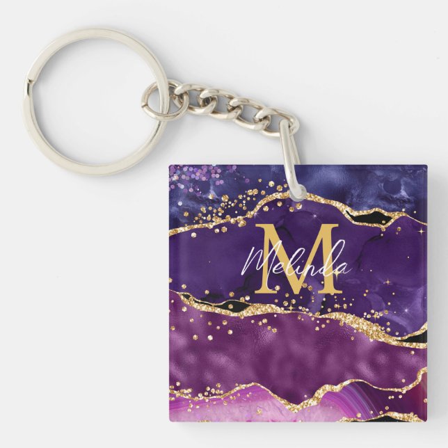 Dark Purple and Gold Glitter Sequins Agate Key Ring (Front)