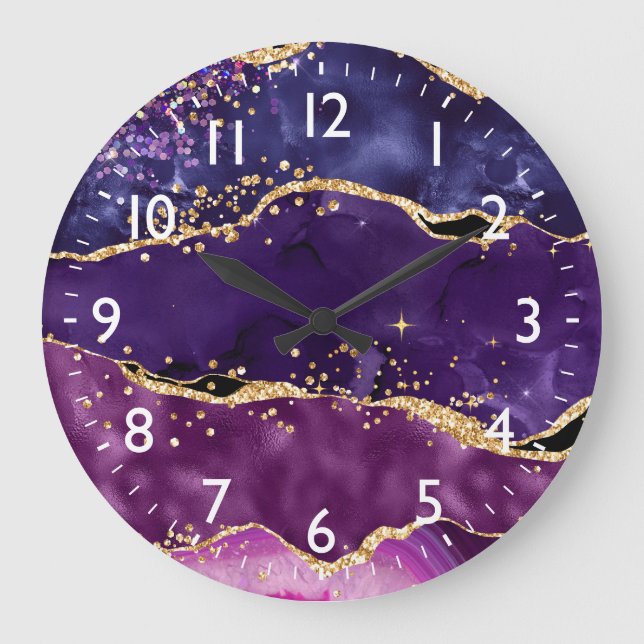 Dark Purple and Gold Glitter Sequins Agate Large Clock (Front)