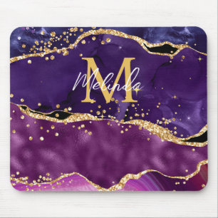 Dark Purple and Gold Glitter Sequins Agate Mouse Mat
