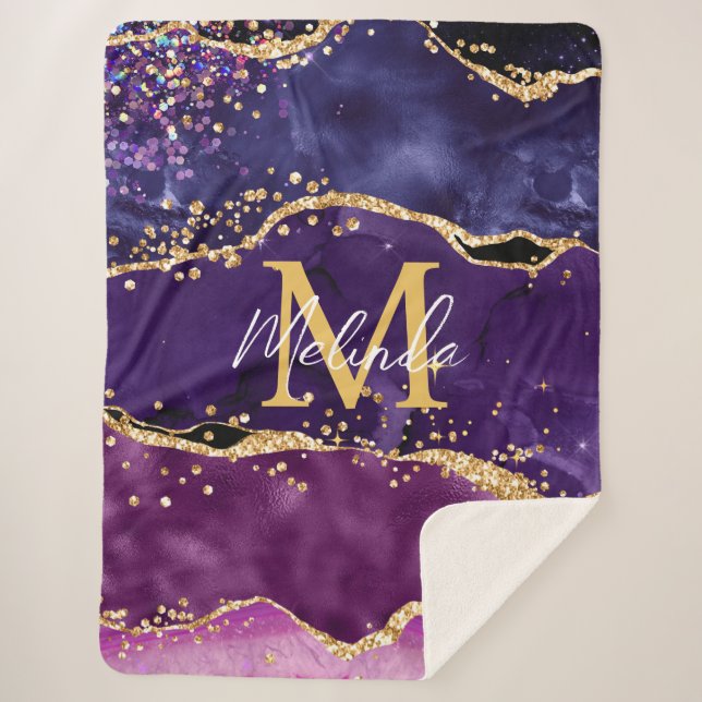 Dark Purple and Gold Glitter Sequins Agate Sherpa Blanket (Front)