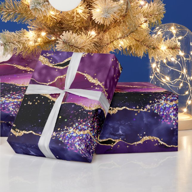 Dark Purple and Gold Glitter Sequins Agate Wrapping Paper (Holidays)