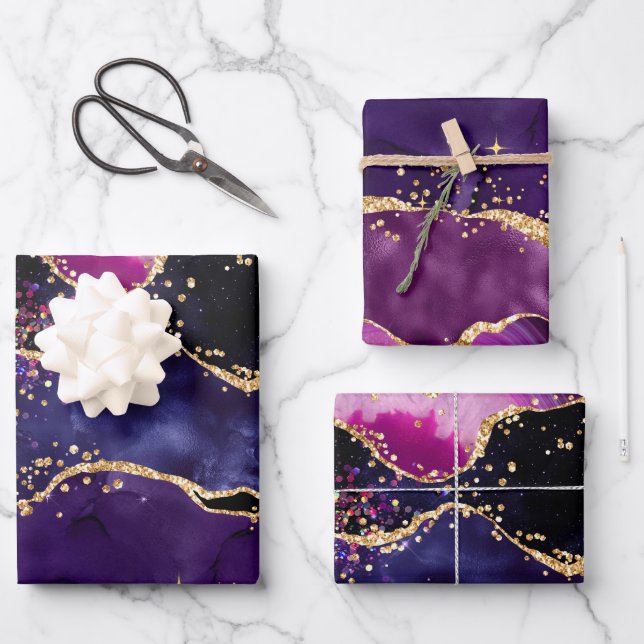 Dark Purple and Gold Glitter Sequins Agate Wrapping Paper Sheet (Front)