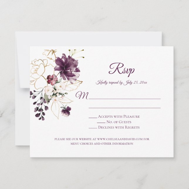 Dark Purple and Gold Outline Roses White Back RSVP Card (Front)