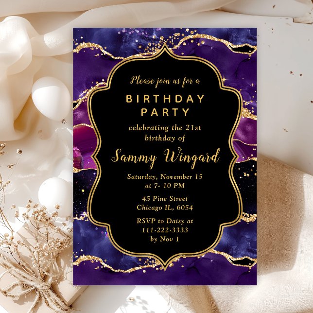 Dark Purple and Gold Sequins Agate Birthday Invitation (Creator Uploaded)