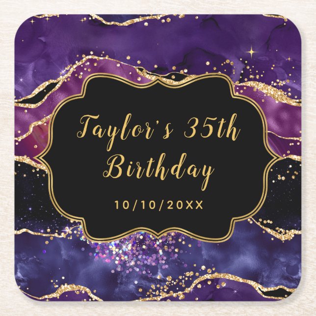 Dark Purple and Gold Sequins Agate Birthday Square Paper Coaster (Front)