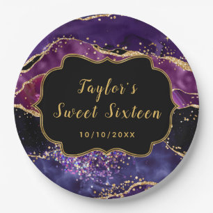 Dark Purple and Gold Sequins Agate Sweet Sixteen Paper Plate