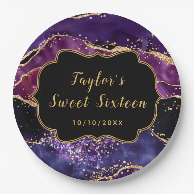 Dark Purple and Gold Sequins Agate Sweet Sixteen Paper Plate (Front)