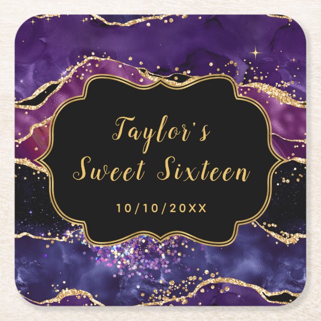 Dark Purple and Gold Sequins Agate Sweet Sixteen Square Paper Coaster (Front)
