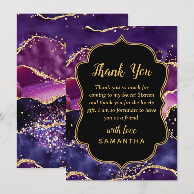 Dark Purple and Gold Sequins Agate Sweet Sixteen Thank You Card (Front/Back)