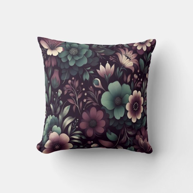 Dark Purple and Green Flowers Pattern Cushion (Front)