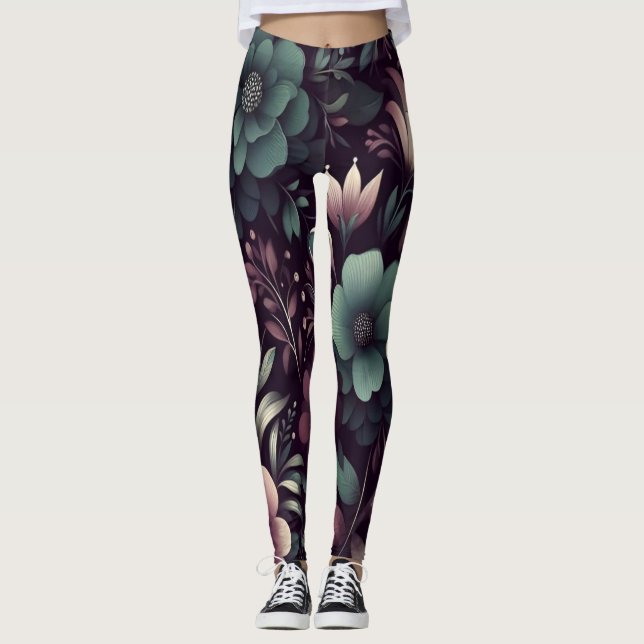 Dark Purple and Green Flowers Pattern Leggings (Front)