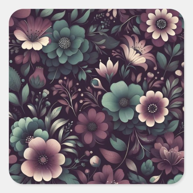 Dark Purple and Green Flowers Pattern Square Sticker (Front)