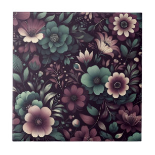 Dark Purple and Green Flowers Pattern Tile