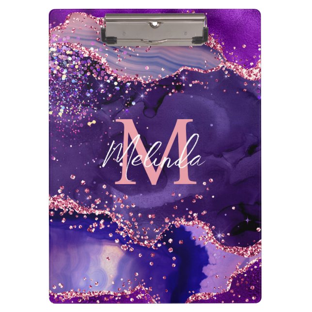 Dark Purple and Pink Glitter Sequins Agate Clipboard (Front)