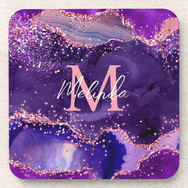 Dark Purple and Pink Glitter Sequins Agate Coaster (Front)