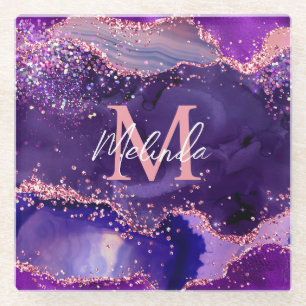 Dark Purple and Pink Glitter Sequins Agate Glass Coaster