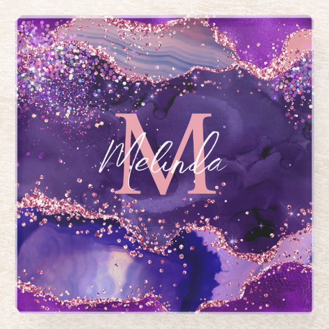 Dark Purple and Pink Glitter Sequins Agate Glass Coaster (Front)