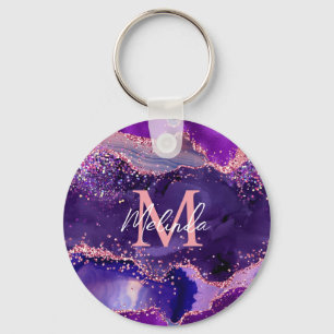 Dark Purple and Pink Glitter Sequins Agate Key Ring
